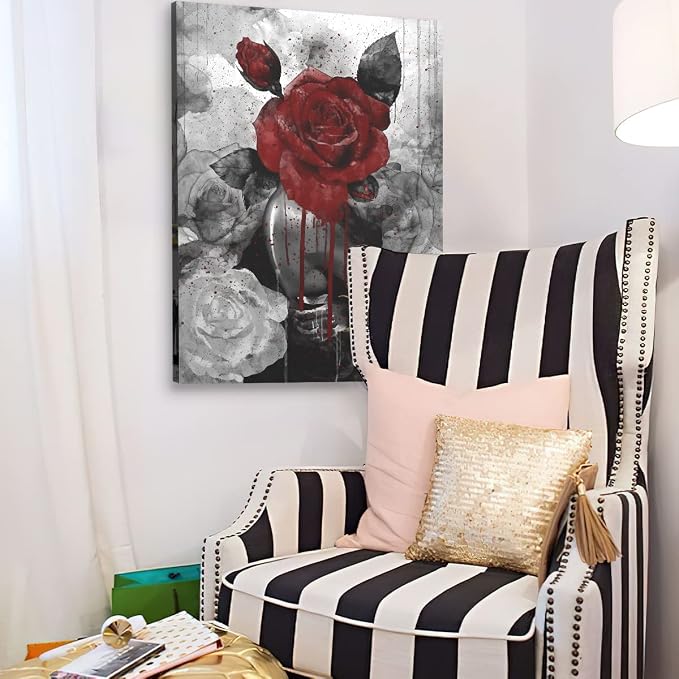 African American Wall Art Fashion Black Girl Picture Vintage Rose on Girl Head Wall Decor Abstract Painting Framed Modern Artwork for Bedroom Bathroom Office Home Decor 12x16 inch