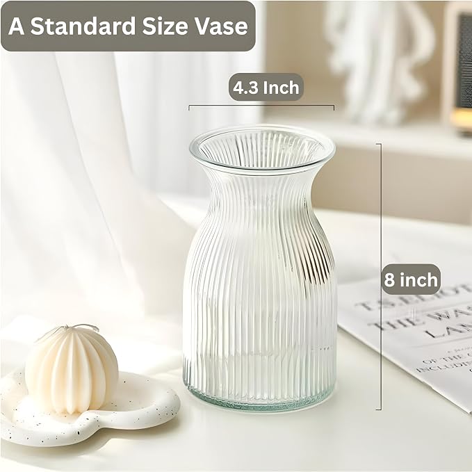 New 2026 Design Ribbed Glass Vase Wide - 8 Inch Tall Ribbed Vase for Wedding Reception, Home Decor, Housewarming Gift - Decorative Flower Vases - Bud Vase for Centerpieces & Cylinder Vases