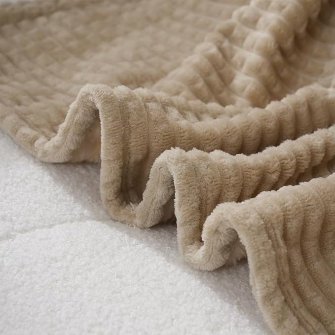 Puncuntex Fleece Throw Blanket Khaki 50"×70" with Square Grid Design | Super Soft Plush Cozy Flannel Throw Blanket Luxury for Couch Sofa Chair