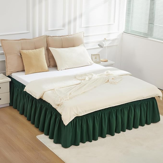 Dark Green Bed Skirt King Size 15" Drop, Elastic Wrap Around Bedskirt | Solid Ruffled, Easy to Use, No Mattress Lifting, Wrinkle & Fade Resistant, with Adhesive Strips, Machine Wash/Dry/Iron