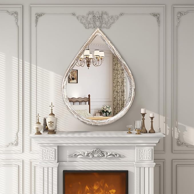 Teardrop Mirrors with Wood Frame Farmhouse Rustic White Wall Hanging Mirrors Large Decorative Mirror for Living Room Bathroom Entryway