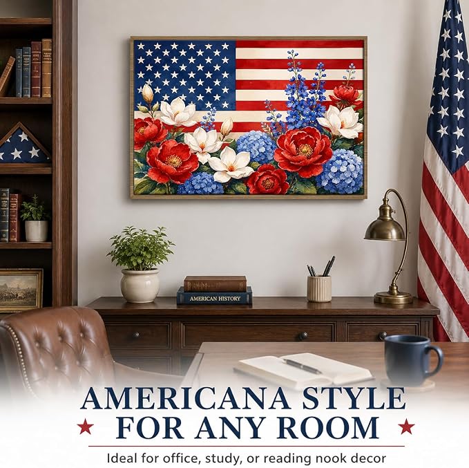American Flag Framed Canvas Wall Art, 4th of July Floral Canvas Prints | Wildflower Landscape Poster Print, Vintage Rustic Independence Day Wall Decor for Bedroom Living Room Office 8×10in