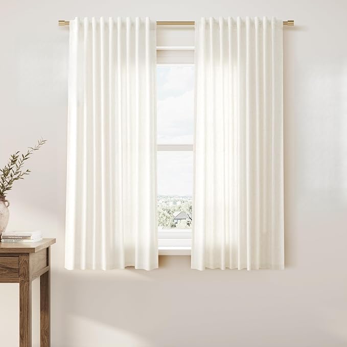 Linen Curtains 54 Inch Length for Kitchen Back Tab Semi Sheer Light Filtering Short Mini Curtain Boho Modern Farmhouse Drapes for Bath Room Cafe Living Room 52Wx54L Cream Ivory Beige Natural 2 Panels