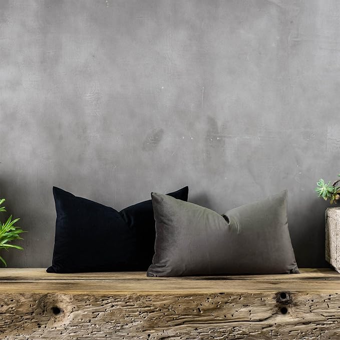 Black Decorative Lumbar Velvet Throw Pillow Covers 12x20 inch Set of 2 with Zipper Luxury Soft Solid Rectangle Cushion Covers Case for Sofa Couch Bed Living Room