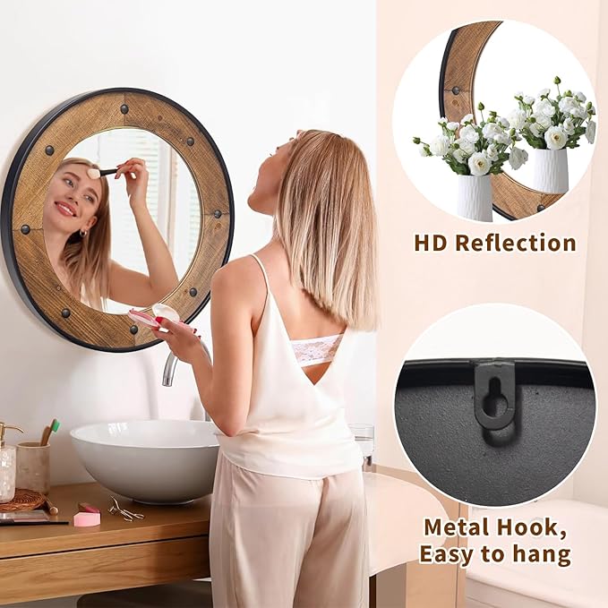 Rustic Round Wall Mirror 30 Inch, Natural Wood Frame with Black Metal Trim, Industrial Farmhouse Round Wood Mirror, Decorative Wall Mirror for Bathroom, Living Room, Entryway
