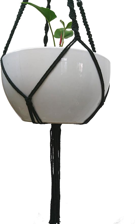 Macrame Plant Hanger & Holder, Hanging Planter 4 Legs Double Deck for 8 inch to 10 inch Two Pots Indoor Outdoor Hanging Planter Cotton Rope 67 Inch with Metal Ring (Cotton-Black)