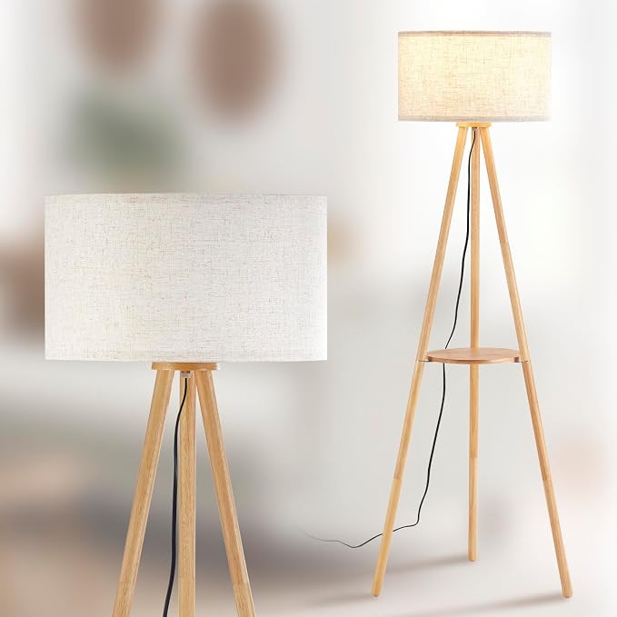 Wood Tripod Floor Lamp with Shelf & 3 Color Temparature LED Bulb, Modern Nordic Wooden Standing Floor lamp Linen Shade for Living Room, Bedroom, Office, ETL Listed/Natural Wood Color