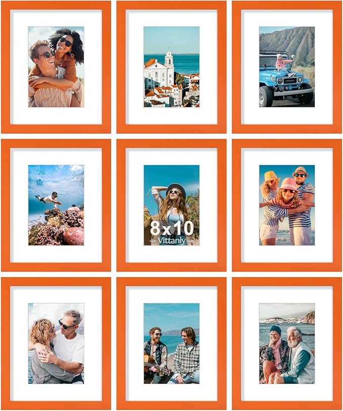Vittanly 8x10 Picture Frames Set of 9 for Wall or Tabletop Display, Orange | Display Pictures 5x7 with Mat or 8x10 without Mat, Small Photo Frames, Engineered Wood with Shatter Resistant Plexiglass