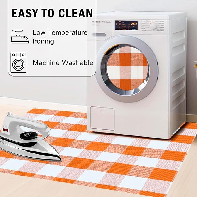 Buffalo Plaid Outdoor Rug 4x6 Ft Orange and White Checkered Area Rug Halloween Washable Fall Indoor Outdoor Rugs for Entryway,Hallway, Kitchen, Living Room, Dining Room, Bedroom