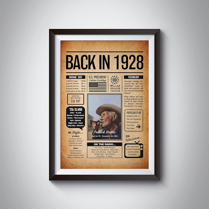 Back in 1928 Poster Sign, Personalized Birthday Gifts Idea, Custom 1928 Historical Birthday Newspaper, Born in 1928 Birthday Party Decorations, Fun Fact for the Day You Were Born, Decor Art Print