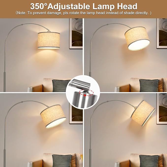 Arc Floor Lamp, Dimmable Floor Lamp with Adjustable Hanging Shade, Silver