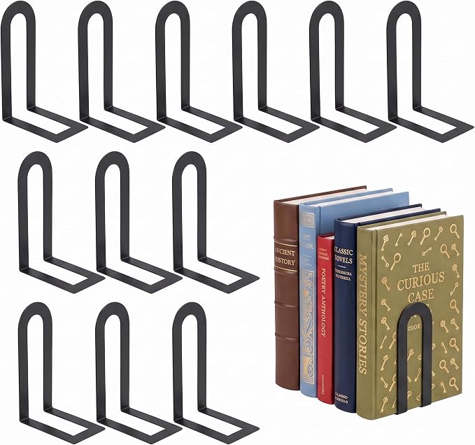 Sanwarm Bookends, 12 Pcs, Metal, for Home Office Desk Shelves Modern | Black Decorative Book Ends Non-Skid Book Stoppers Holder 6 Pair Gifts for Reading Enthusiasts Library Decor