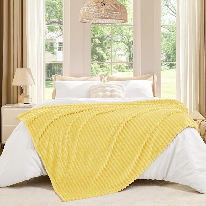 BEDELITE 3D Ribbed Light Yellow Fleece Throw Blanket for Couch, 50x60 Inch | Soft Warm Decorative Fluffy Blanket, Cozy Plush Lightweight Fuzzy Throw Blanket for Bed Sofa Home Room Decor, Gift for Women