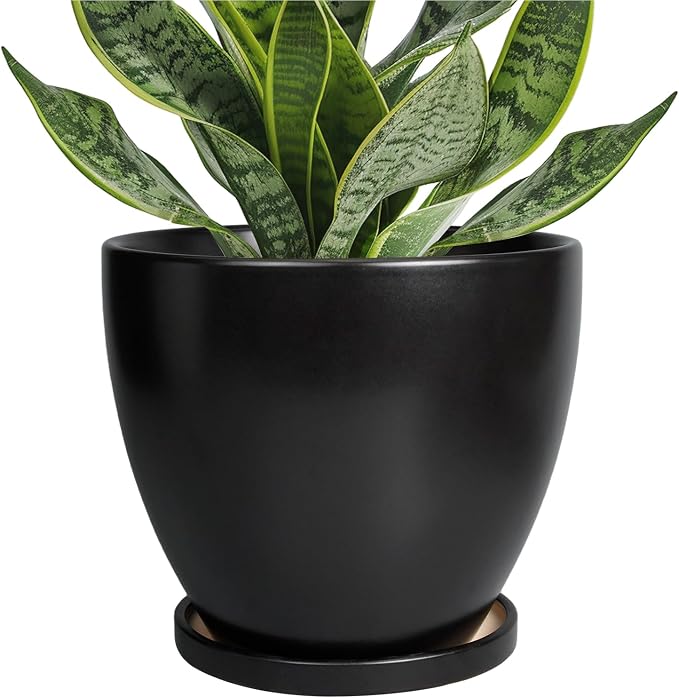 Ceramic Pots for Plants - 6.8 Inch Plant Pot with Drainage Hole and Saucer, Succulent Round Flower Planters for Indoor, Home Decor, Black