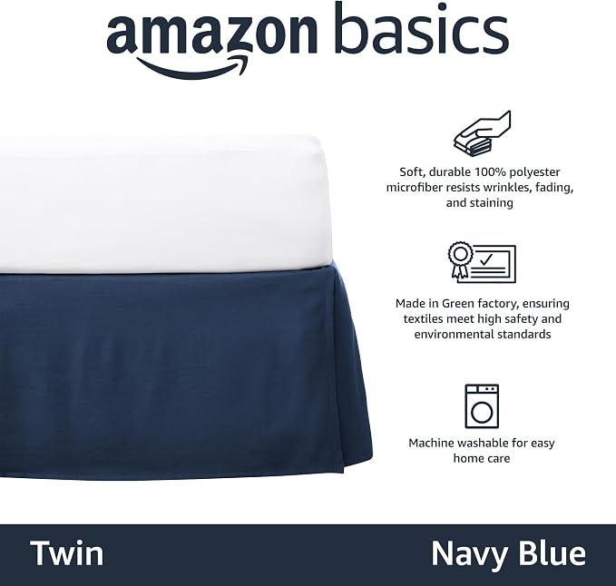 Amazon Basics Lightweight Pleated Dust Ruffle Bed Skirt, Fade Resistant, Wrinkle Resistant, Twin, Navy Blue