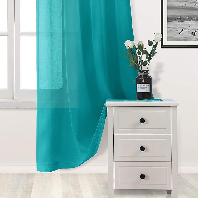 DWCN Turquoise Faux Linen Sheer Curtains - Grommet Top Voile Window Short Sheer Curtains Drapes for Bedroom Living Room 46 x 45 inch Length, Set of 2