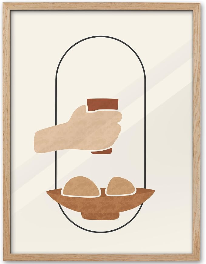 KensTro 16x20 Oak Framed Holy Communion Christian Wall Art | Natural Oak Wood Frame with Minimalist Communion Bread and Cup Design for Dining Room, Kitchen, Living Room or Prayer Space