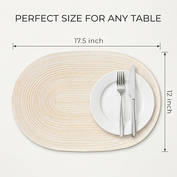 Placemats Set of 6, Woven Oval Braided Dining Table Mats(Beige) | 12 x 17.5 Inch Size Fits Plates and Flatware; Hand Washable and Heat Resistant for Kitchen Use, with Farmhouse and Boho Style