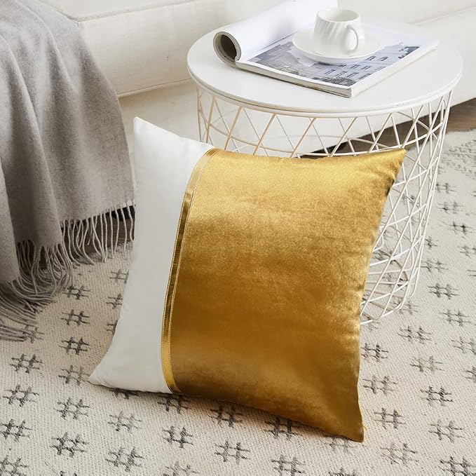 Fancy Homi 2 Packs Gold Decorative Throw Pillow Covers 18x18 Inch for Living Room Couch Bed, Velvet Patchwork with Gold Leather, Luxury Modern Farmhouse Home Decor, Accent Cushion Case 45x45 cm