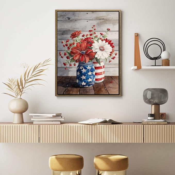American Flag Framed Canvas Wall Art, 4th of July Patriotic Canvas Prints | Flowers and Stripes Poster Print, Independence Day Wall Decor for Bedroom Living Room Dining Room Office 6×8in