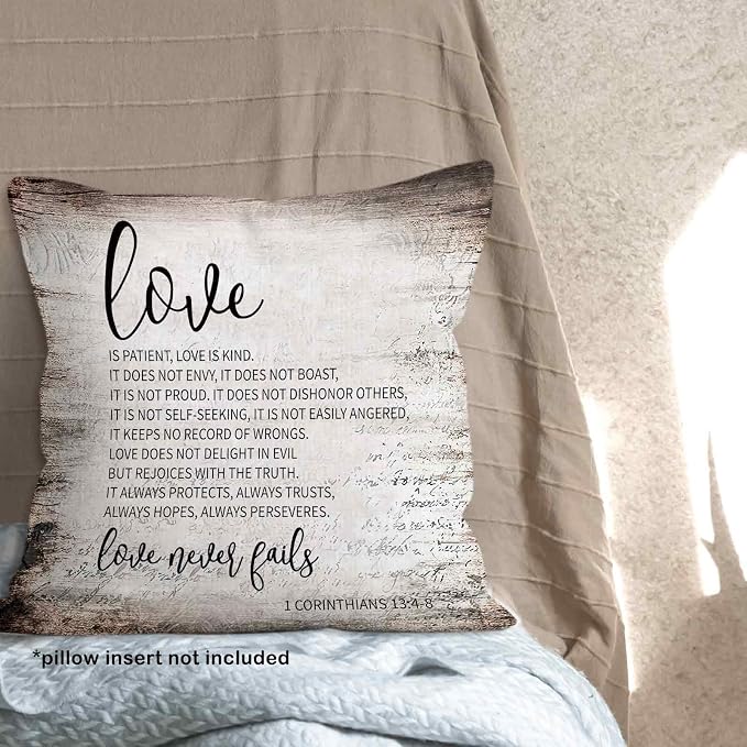 Vintage Christian Bible Verse Love is Patient Throw Pillow Covers 18x18, Rustic Scripture Corinthians Decor Pillow Cases for Farmhouse Bedroom Living Room, Religious Pillowcases for Couch Bed