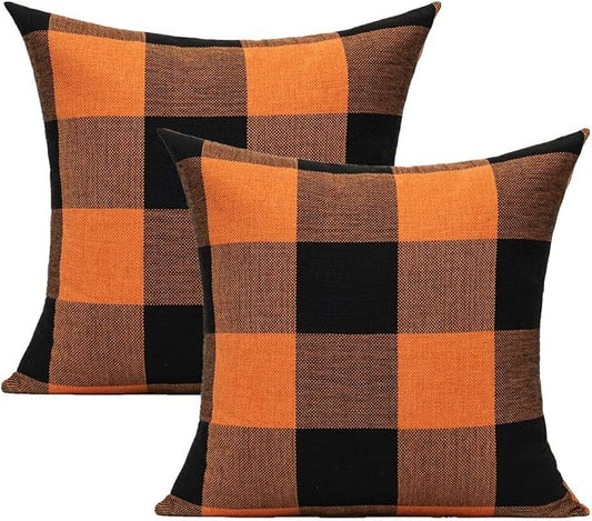 VAKADO Halloween Orange and Black Buffalo Plaids Decorative Throw Pillow Covers Fall Farmhouse Classic Retro Rustic Square Cushion Cases Home Decor for Sofa Couch Patio Outdoor 18x18 Set of 2
