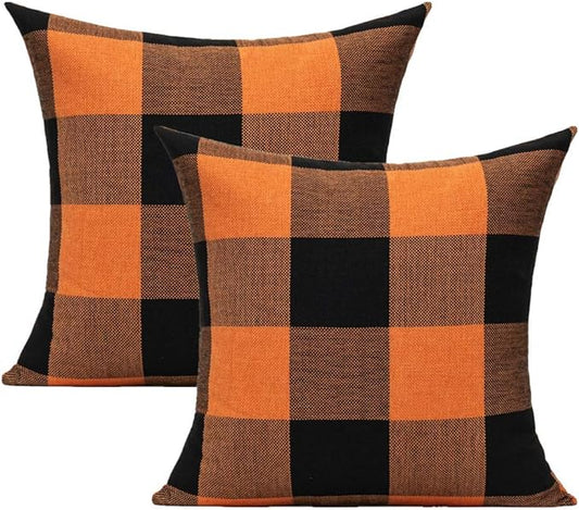 Halloween Orange and Black Buffalo Plaids Decorative Throw Pillow Covers Fall Farmhouse Classic Retro Rustic Cotton Linen Square Cushion Cases Home Decor for Sofa Couch Patio Outdoor 16x16 Set of 2