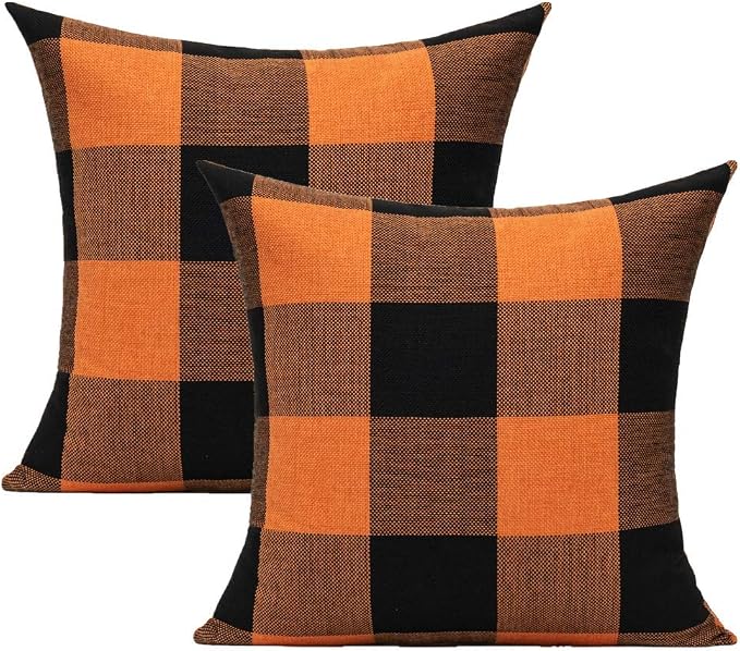 VAKADO 20x20 Set of 2 Halloween Orange and Black Buffalo Plaids Decorative Throw Pillow Covers Fall Farmhouse Classic Retro Rustic Square Cushion Cases Home Decor for Sofa Couch Patio Outdoor
