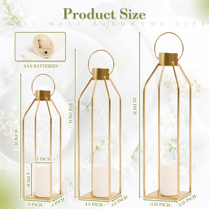 HPC DECOR Modern Farmhouse Lantern Decor- 22''19''16''Tall Large Gold Metal Candle Lanterns for Home Decor-Lanterns Decorative w/Timer Flickering Candles for Living Room,Outdoor,Fireplace Mantle Decor
