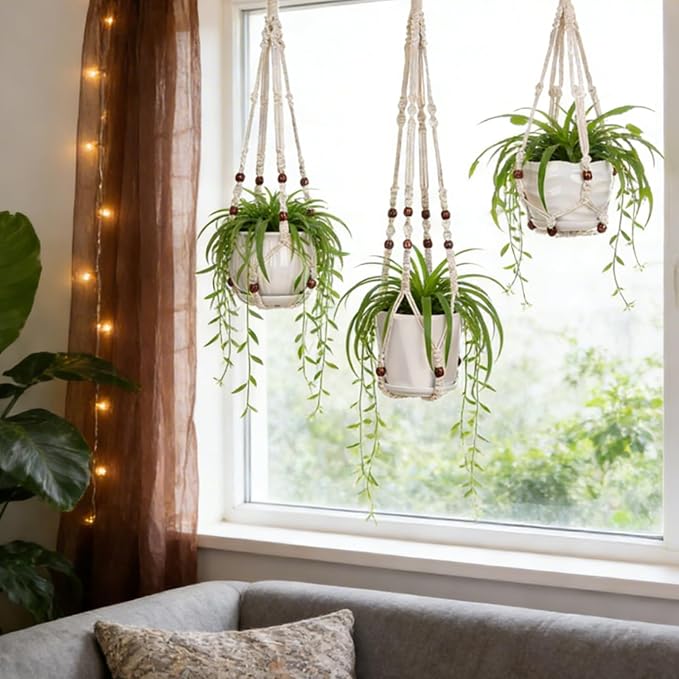 YIBOT 3 Pack Macrame Plant Hangers Hanging Planters for Indoor Plants Ivory