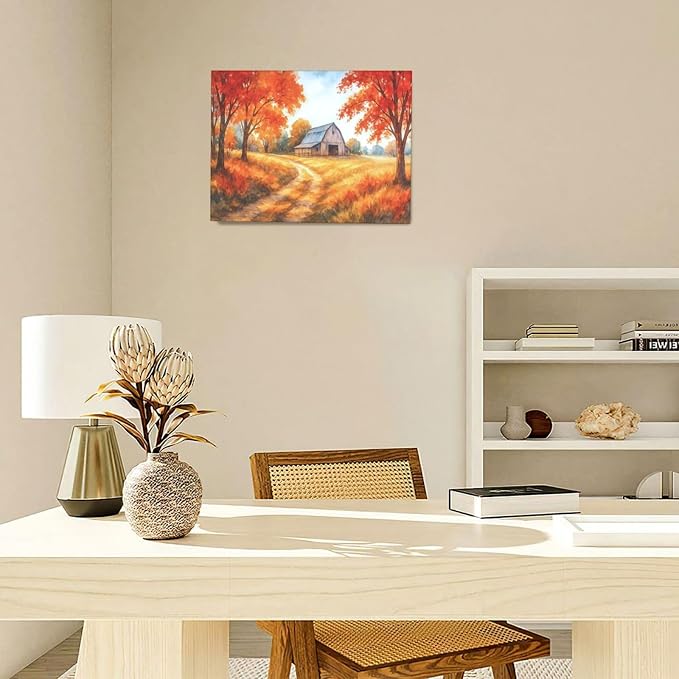 Fall Barn Decor Wall Art Autumn Harvest Pictures Fall Farmhouse Canvas Prints Painting Country Artwork Decoration for Bathroom Bedroom Living Room Framed Gifts 12"x16"
