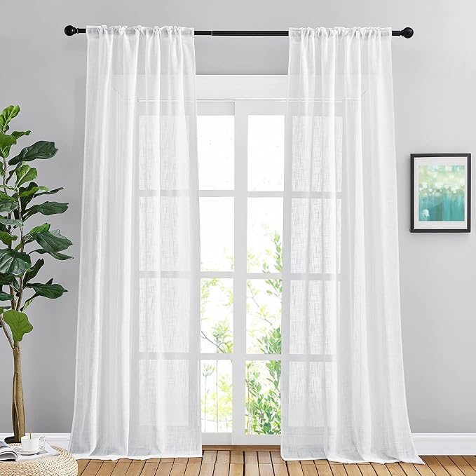 NICETOWN White Semi Sheer Living Room Curtains 108 inches Long, Rod Pocket & Back Tab Faux Linen Window Treatments Privacy with Light Filtering for Bedroom, W42 x L108, 2 Panels