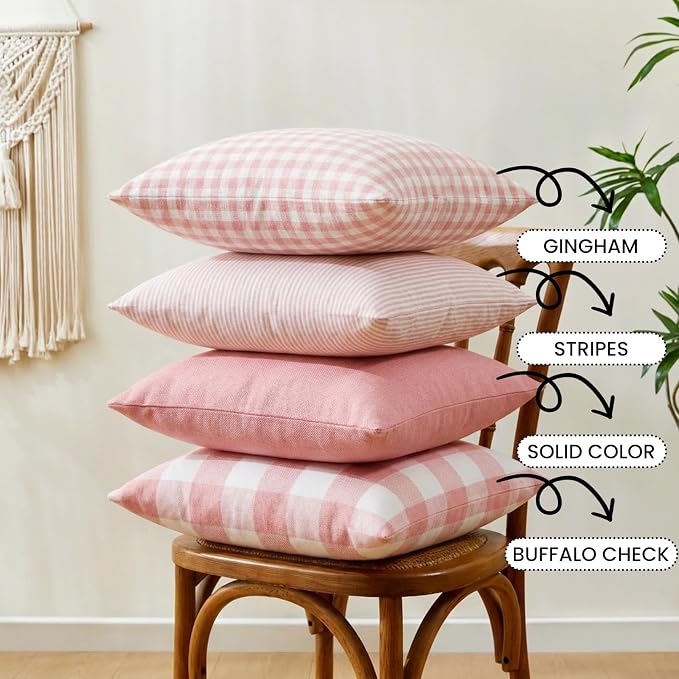 CARRIE HOME Farmhouse Pink Decorative Throw Pillow Covers 18x18 Inch Set of 4, Cute Light Pink Couch Pillow Covers 18 x 18， Spring Coquette Room Decor Boho Accent Cushion Covers for Sofa Bed