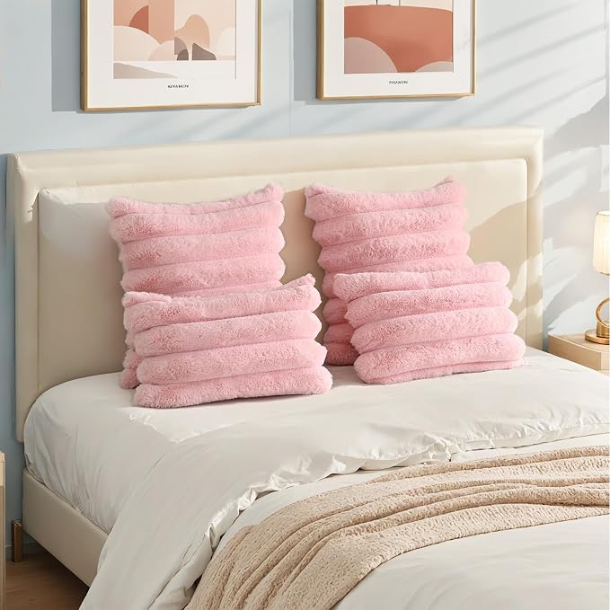 HAUSSY Pack of 2 Pillow Covers 18x18 Inch, Faux Fur Decorative Couch Throw Pillows Soft Striped Plush Cushion Covers Home Decor Cute Furry Pillowcase for Living Room Sofa Bed, Pink (Covers Only)