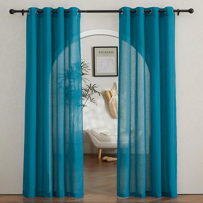 NICETOWN Semi Sheer Curtains Flax Linen Texture, (Peacock Green) Grommet Retro Window Treatment Linen Weave Vertical Drapes Privacy with Light Filter for Living Room, 2 Panels, W52 x L84