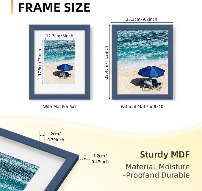 YESKAY 8x10 Picture Frame Set of 9, Display Pictures 5x7 with Mat or 8 x 10 Without Mat, Multi Photo Frames for Wall Mounting or Table Top Display, Blue