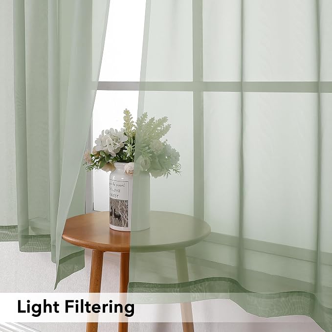 Simplebrand Sage Tier Curtains for Kitchen 24 Inches Long 2 PaSet, Rod Pocket Cafe Curtain Light Filtering Sheer Short Curtains for Bathroom/Basement Half Window 42 x 24 Inch, 2Pcs, Sage