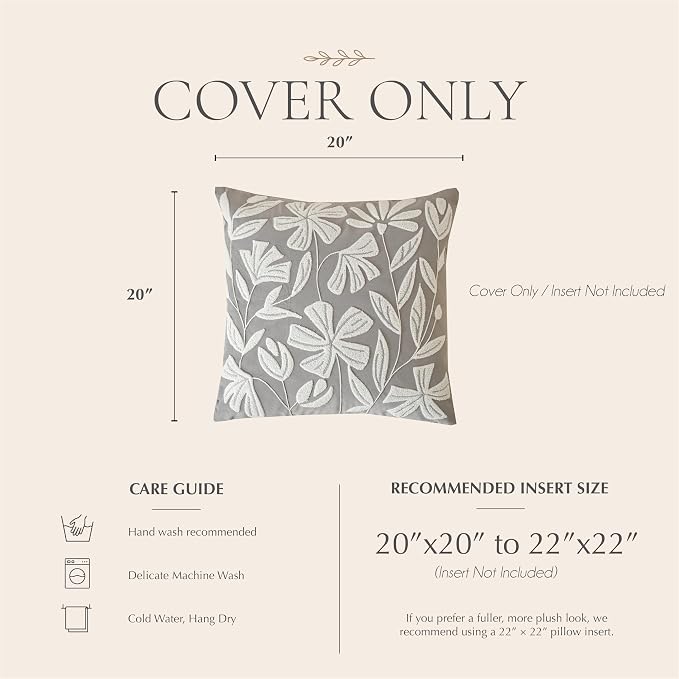 BlissBlush Throw Pillow Cover 20x20 Inch, Light Gray Floral Tufted Velvet Decorative Accent Pillow Case for Sofa Bed Living Room, Cover Only