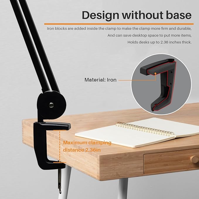 20-Inch LED Desk Lamp with Clamp, 20W 2200LM, Black CCT