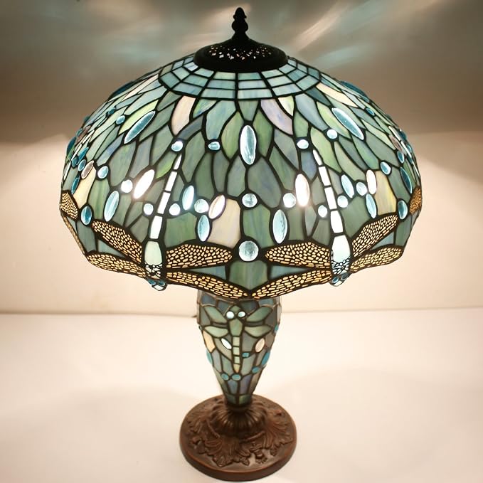 WERFACTORY Tiffany Table Lamp Sea Blue Stained Glass Dragonfly Style Light