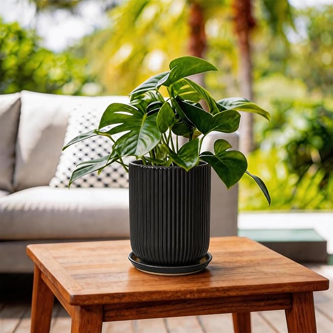Deep Dream 8 Inch Ceramic Pots for Plants, Heavy Plant Pot for Indoor Outdoor Plants, Large Plant Pot with Drainage Hole and Saucer, Modern Tall Flower Pot, Gifts for Plant Lovers, Black