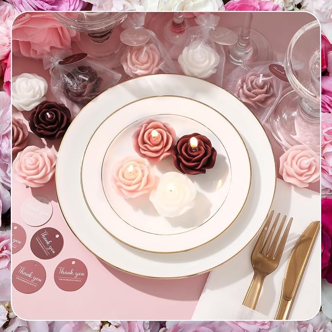 Treela 50 Set Rose Flower Candles, Burgundy Wedding Favors for Guests