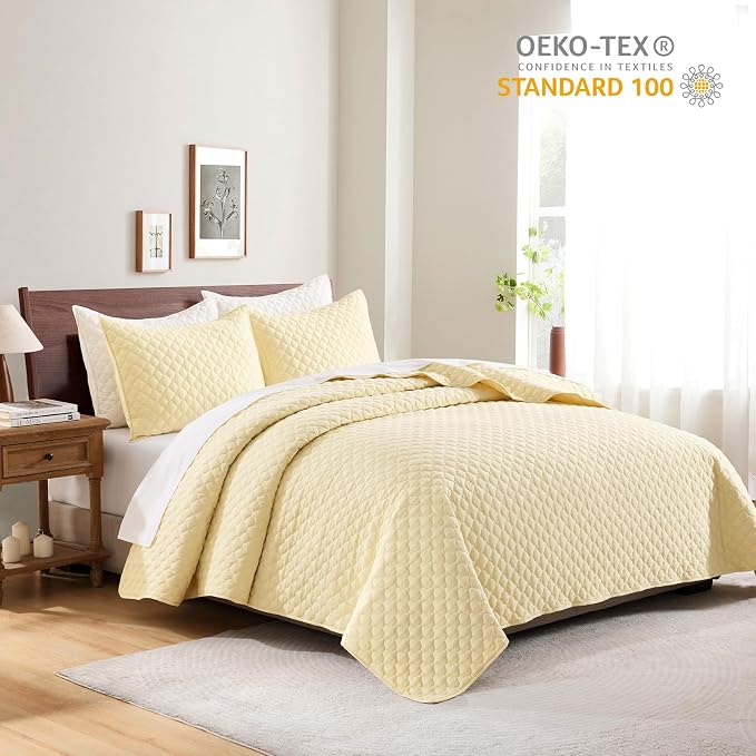HORIMOTE HOME Quilt King Size Light Yellow, Lightweight Quilt for Summer, Ultra-Soft Microfiber Modern Style Quilted Clouds Pattern Bedspread Quit Set 3 Pieces(1 Quilt and 2 Pillow Shams)