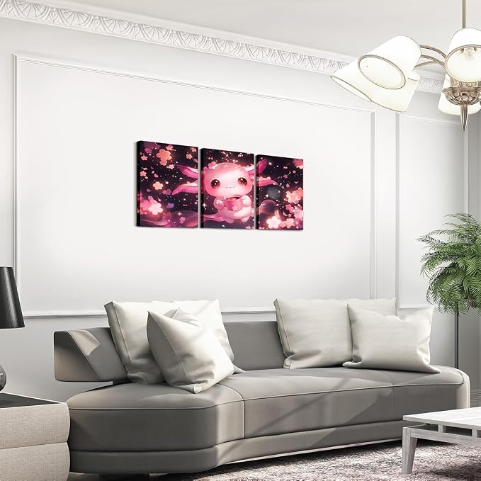 Feelyou Boys Girls Cute Axolotl Picture Wall Decor Kawaii Animal Wall Painting Posters and Prints Glitter Canvas Wall Art for Living Room Bedroom Kids Cherry Blossoms Bathroom Wall Art 12"x16"x 3Pcs