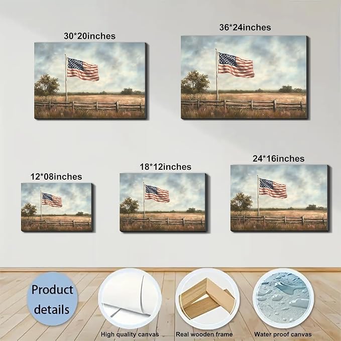 Framed Vintage American Flag Field Wall Art, Patriotic Rustic Canvas Art Pictures, USA Flag Wall Decor for Living Room Farmhouse Garage, Ready to Hang Made in USA