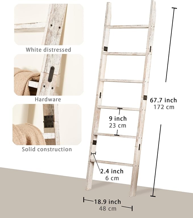 Blanket Ladder 6-Tier Washed White, Rustic Towel & Quilt Display Rack | farmhouse decorative white ladder for living room, bedroom or bathroom. Holds quilts, towels & blankets. Sturdy 6-tier wood.