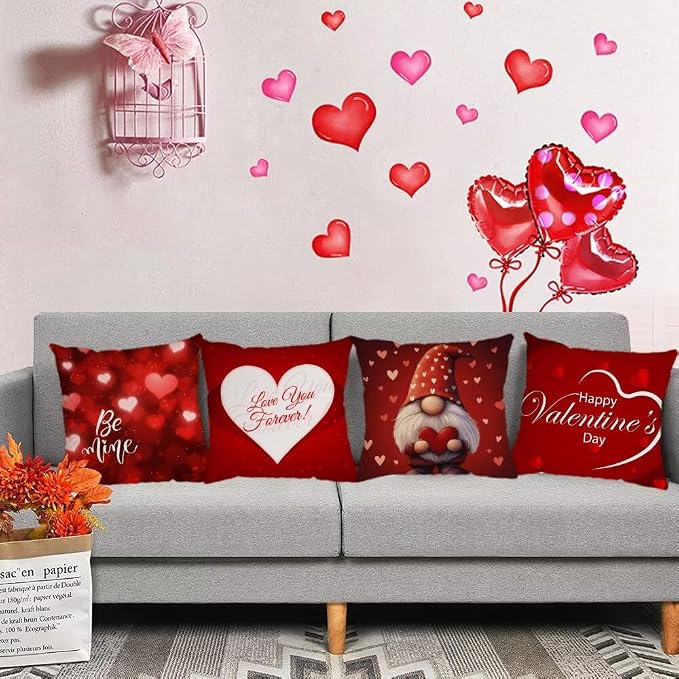 YeeJu Happy Valentines Day Pillow Covers 24x24 Set of 4 Red Love Heart Gnome Pillow Cases Velvet Wedding Anniversary Love You Cushion Covers for Outdoor Couch Sofa Decoration(24 Inch)