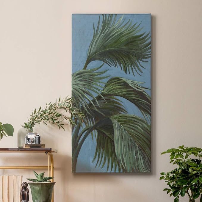 Renditions Gallery Canvas Nature Wall Art Modern Paintings & Prints Decor Green Waving Palms Romantic Glam Botanical Artwork Wall Hanging for Bedroom Office Kitchen - 12"x24" LT43