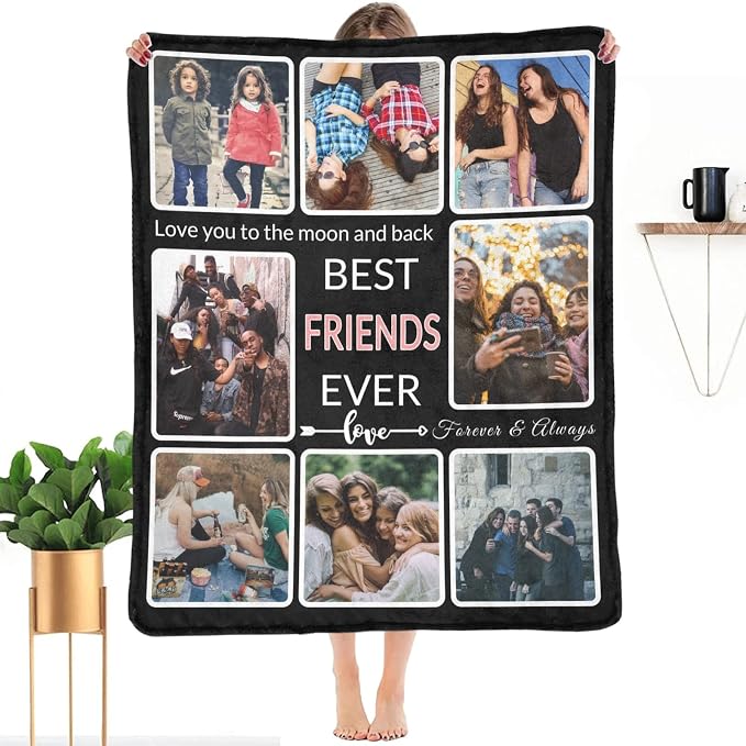 Gifts for Friend Customized Blanket with Photo, Make a Personalized Friends Blankets with Picture Custom Memories Souvenir Throw Blanket for Best Friends Ever, 8 Collage Made in USA