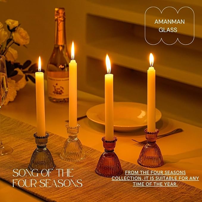 Candle Stick Candle Holders, 2024 Mixed 4pcs Candle Holder for Taper Candles, Carols of The Seasons 4colors Glass Candle Holders for Table Centerpiece and Shelves